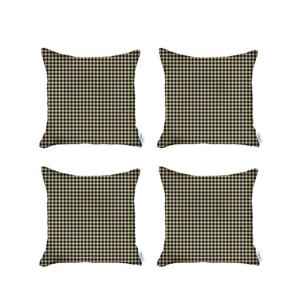 Yellow and Black Houndstooth Polyester Euro Pillow Covers, Set of 4
