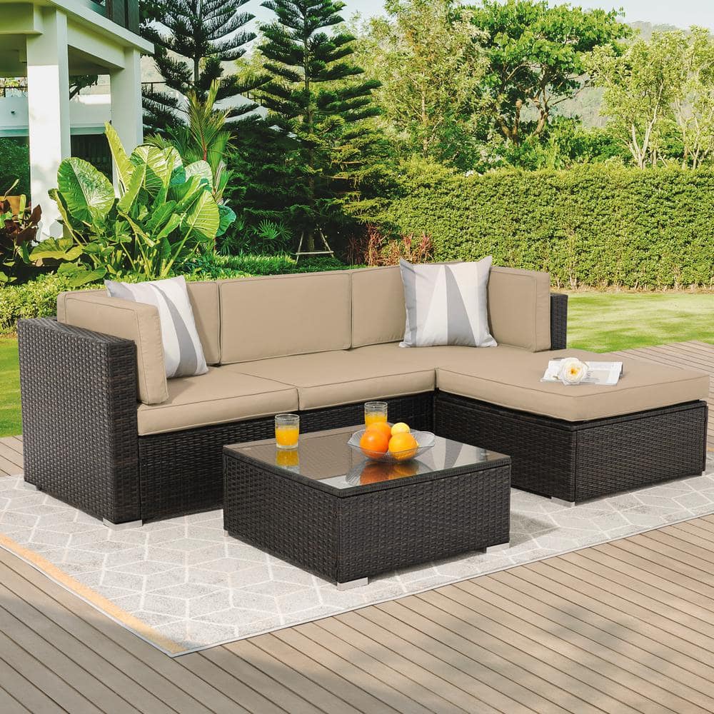 Sonkuki 5-Piece Brown Rattan Wicker Outdoor Patio Sectional Sofa Set ...