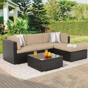 5-Piece Brown Rattan Wicker Outdoor Patio Sectional Sofa Set With Thick Beige Cushions and Tempered Glass Table