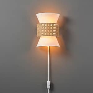 2-Light Matte White Plug-In or Hardwire Wall Sconce with White Fabric Shade and Natural Rattan Accent