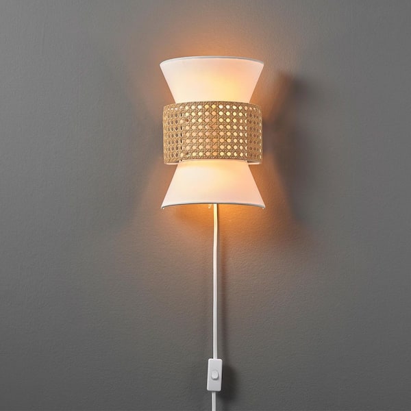 Ayla 8 in. 2-Light Matte White Wall Sconce Light with White Fabric and Rattan Shade for Bedroom