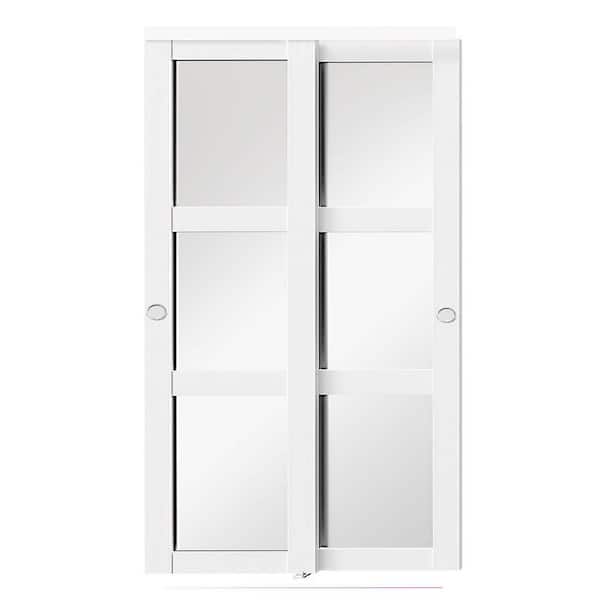 72 in. x 80 in. 3 Lite Mirrored Glass White PVC Covering Solid Core MDF Sliding Door with Embedded Handle and Hardware