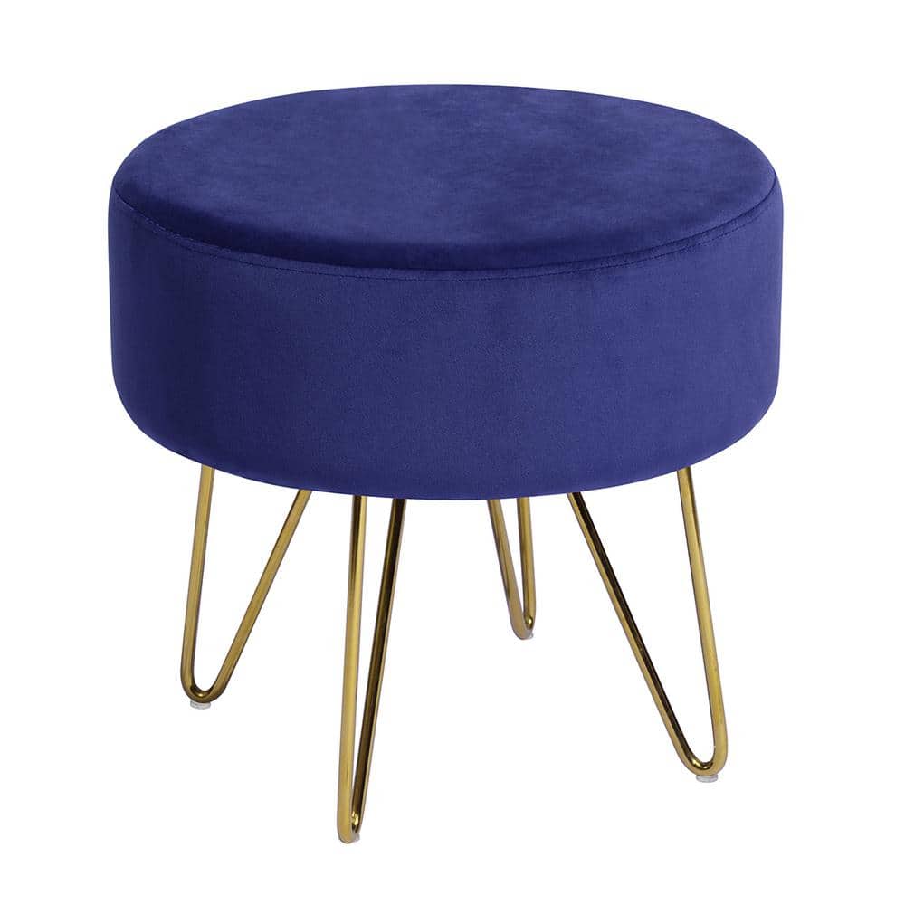Modern Navy Velvet Upholstered Round Ottoman with Gold Metal Legs