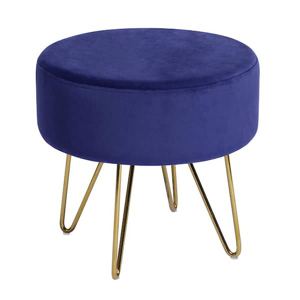 Unbranded Modern Navy Velvet Upholstered Round Ottoman with Gold Metal Legs