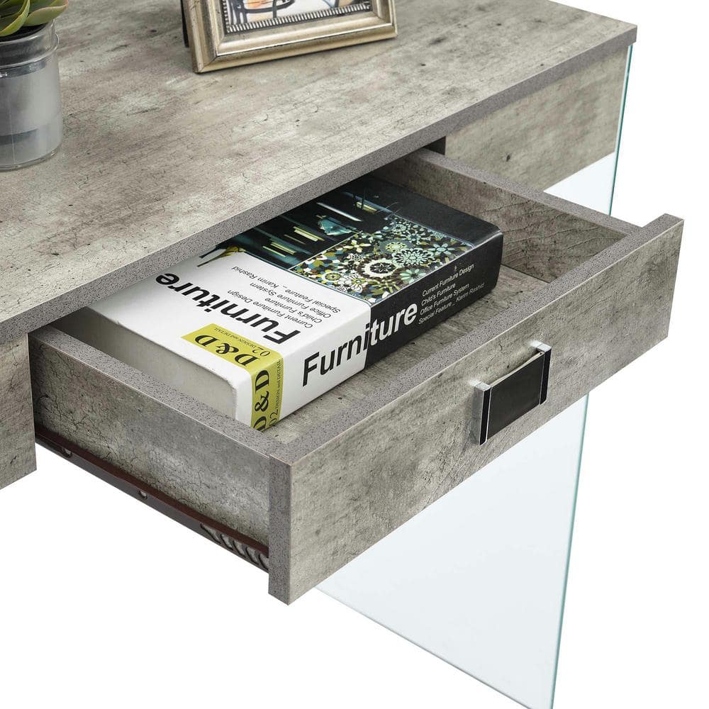 Weathered Gray Faux Birch 36" Glass Desk with Drawer