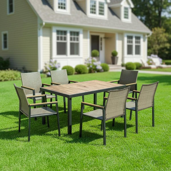 7-Piece Patio Dining Table Sets, Patio Conversation Set Wood Table Top with Umbrella Hole, Rattan Outdoor, Brown Gray