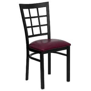Hercules Series Black Window Back Metal Restaurant Chair with Burgundy Vinyl Seat