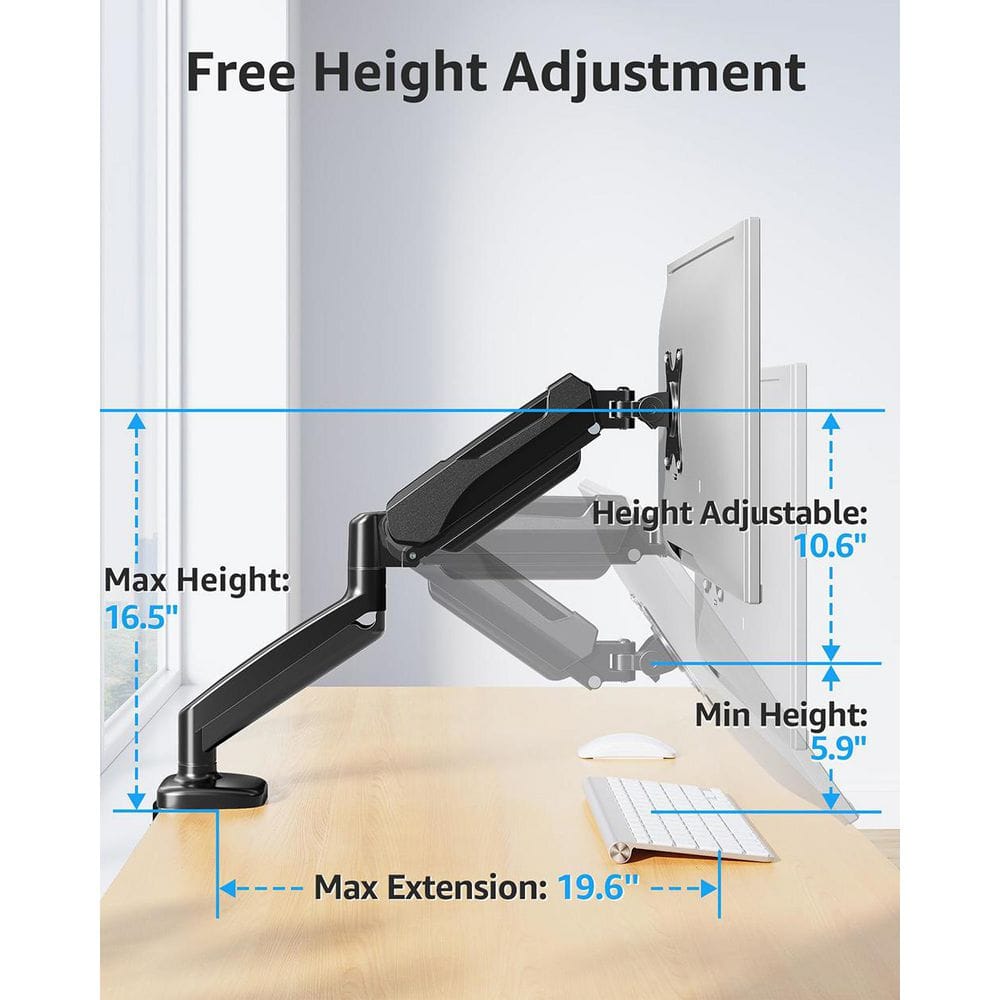 Adjustable Gas Spring Single Monitor Desk Mount Arm Supports Up to 32 in. Screen VESA Stand Black - Thumbnail 5