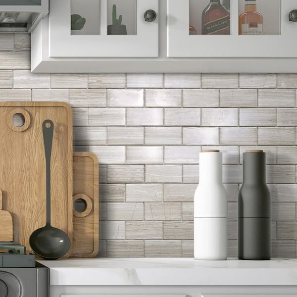Subway Gray Wood 6 in. x 6 in. Honed Natural Marble Peel and Stick Backsplash Wall Tile (1-Pack)