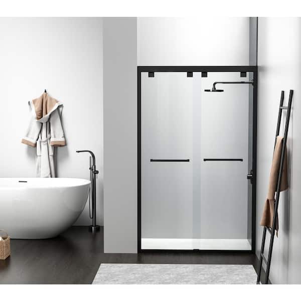 Unbranded Simply Living 48 in. W x 76 in. H Semi-Frameless Sliding Shower Door in Matte Black with Clear Glass