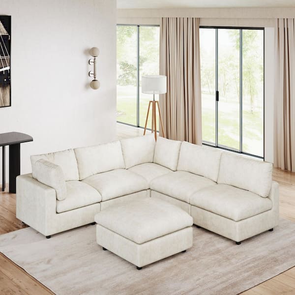 101 in. Modular Beige Chenille Full Size 5-Seat Convertible Sleeper Sofa Bed with Ottoman and Washable Covers