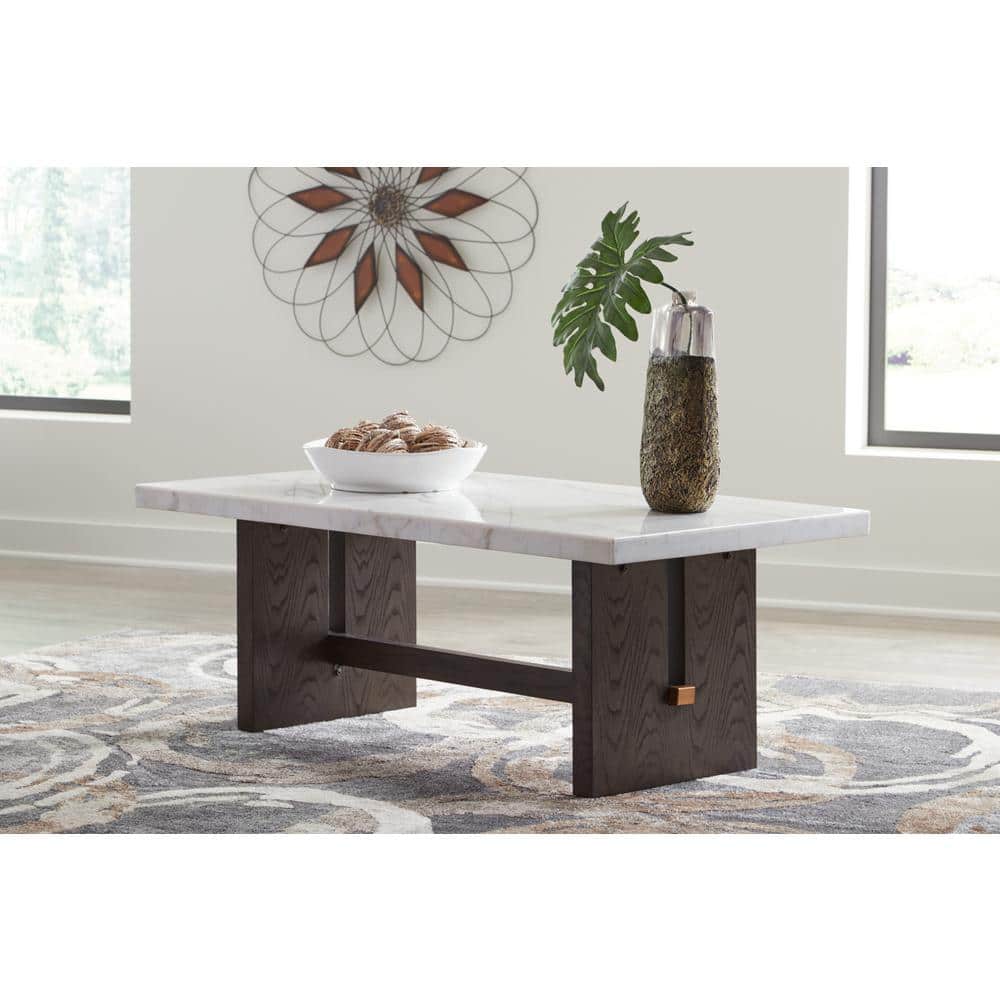 Burkhaus Dark Waxy Brown Oak and Marble Rectangular Coffee Table