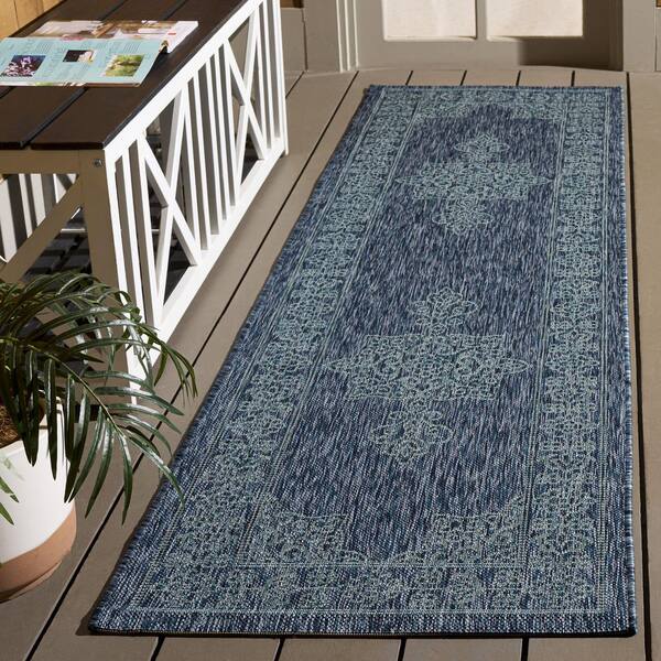 Courtyard 2 x 7 Navy/Ivory Medallion Runner Rug
