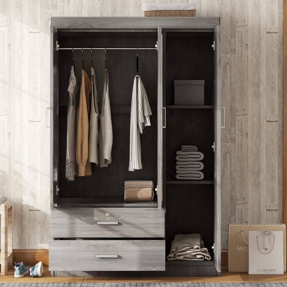 Harper & Bright Designs Gray Wood 41.3 in. 3-Door Wardrobe Armoire