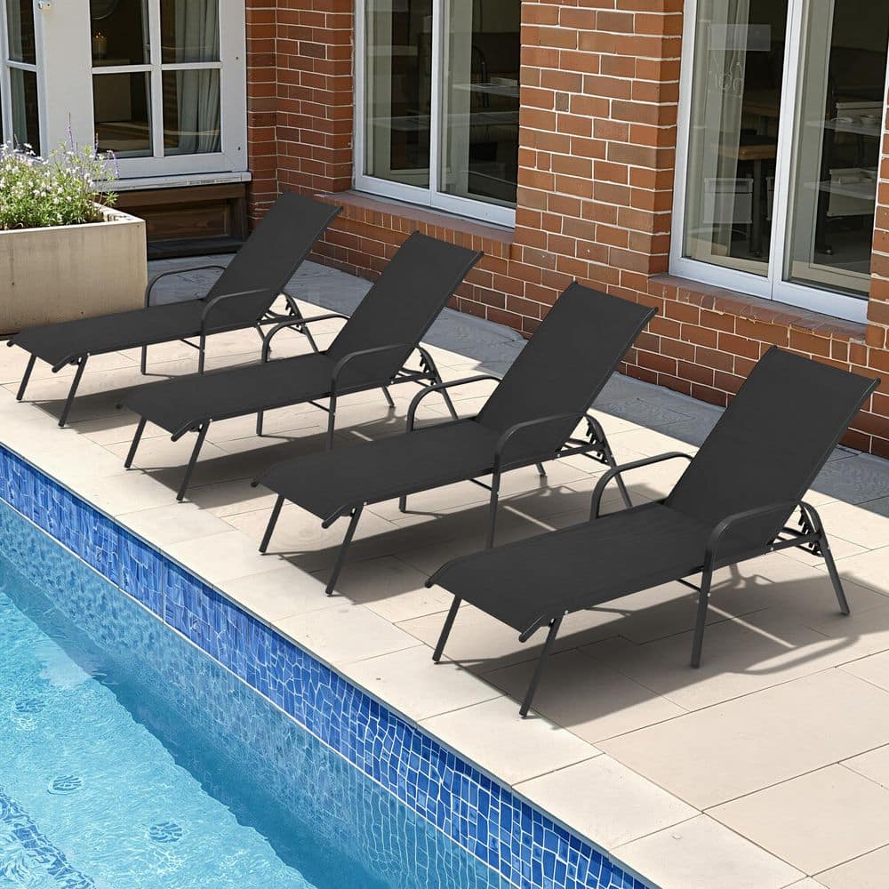 4-Piece Metal Chaise Lounge Outdoor Recliner with Armrest Patio Lounge Chair with Adjustable Backrest Textilene in Black price history on PriceWatchPro