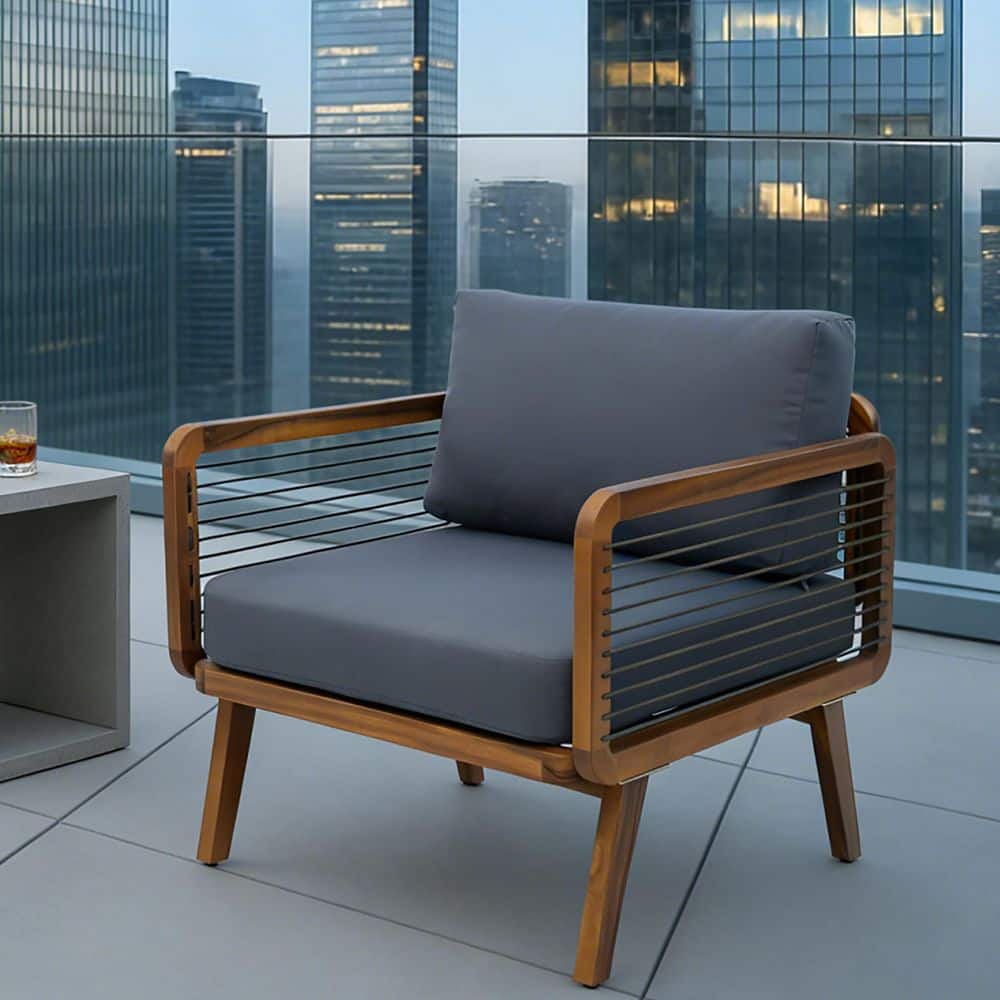 Sylvia Modern Patio Teak Finish Solid Wood and Rope Weave Outdoor Lounge Chair with Gray Cushions
