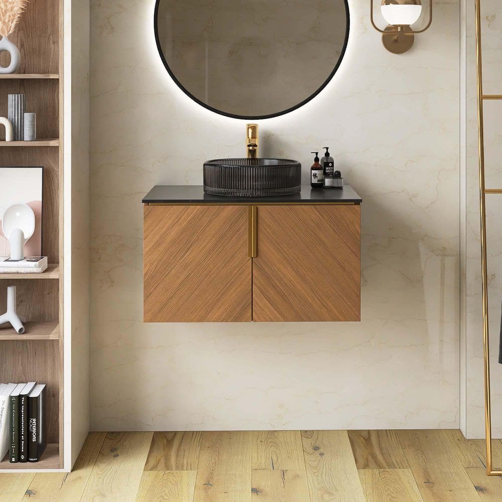 30 in. Wall-Mounted Single Sink Brown Oak Bath Vanity with Black Sintered Stone Top and Black Glass Basin price history on PriceWatchPro