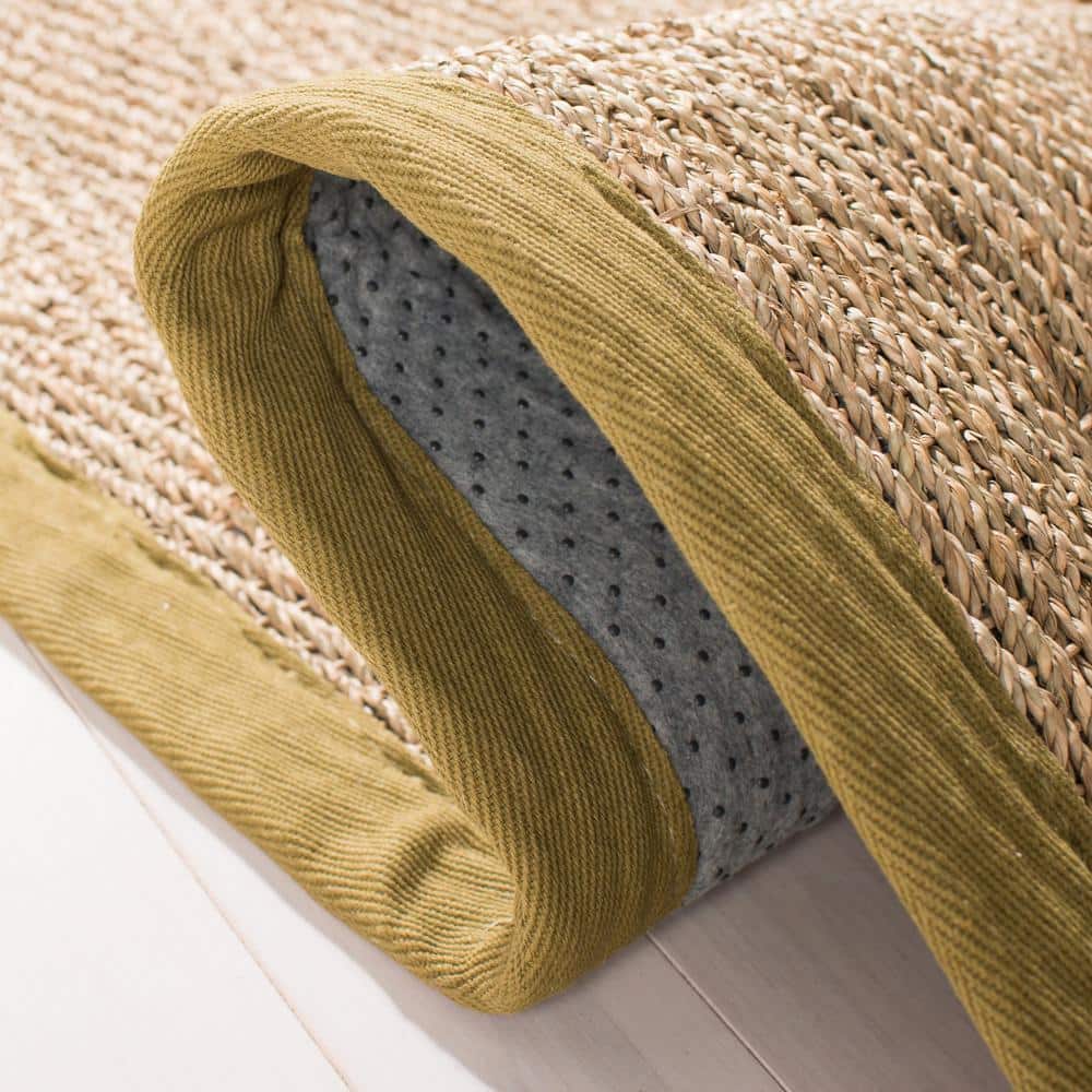 Natural Herringbone Seagrass Area Rug with Olive Border