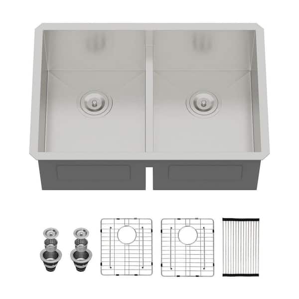 28 in. Low Divide Undermount Kitchen Sink 16-Gauge Stainless Steel Double Bowl 50/50 Sink with Bottom Grid
