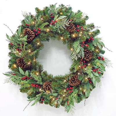 36 in Woodmoore Battery Operated Mixed Pine LED Pre-Lit Artificial Christmas Wreath with Timer