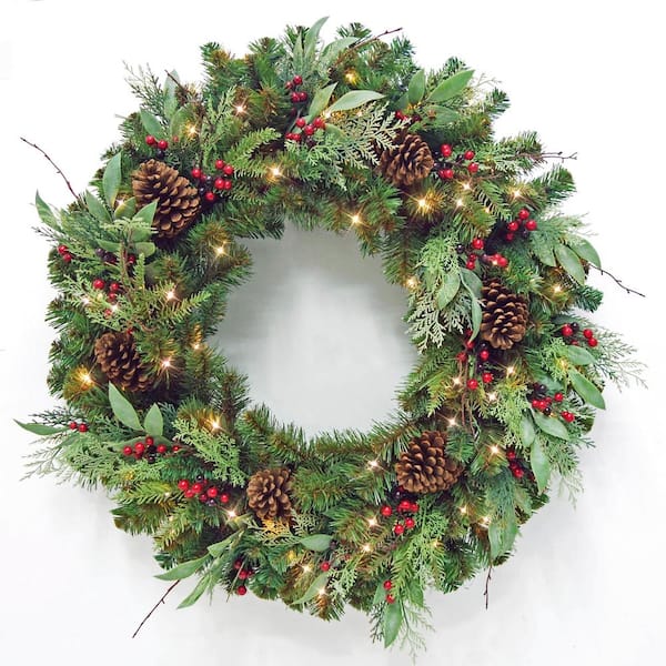 Pre Lit Artificial Wreath, Light Up Wreath Outdoor Battery Operated