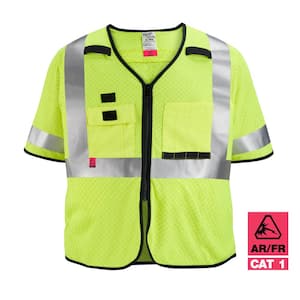 Arc-Rated/Flame-Resistant 2X-Large/3X-Large Yellow Mesh Class 3 High Visibility Safety Vest with 10-Pockets and Sleeves