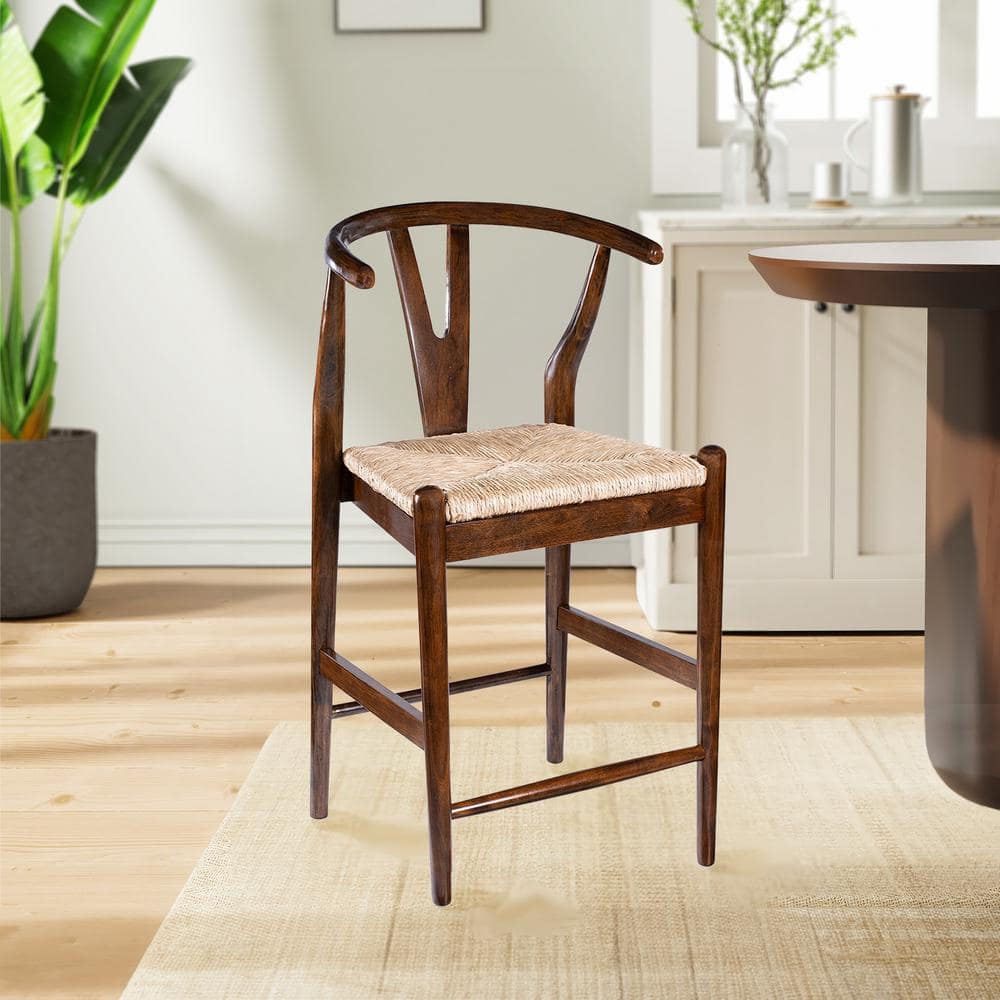 Wishbone 24in. High Back Wood Kitchen Bar Stool with Rush Seat-Cappuccino F