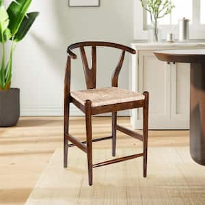 Wishbone 24in. High Back Wood Kitchen Bar Stool with Rush Seat-Cappuccino Finish-1 Counter Stool