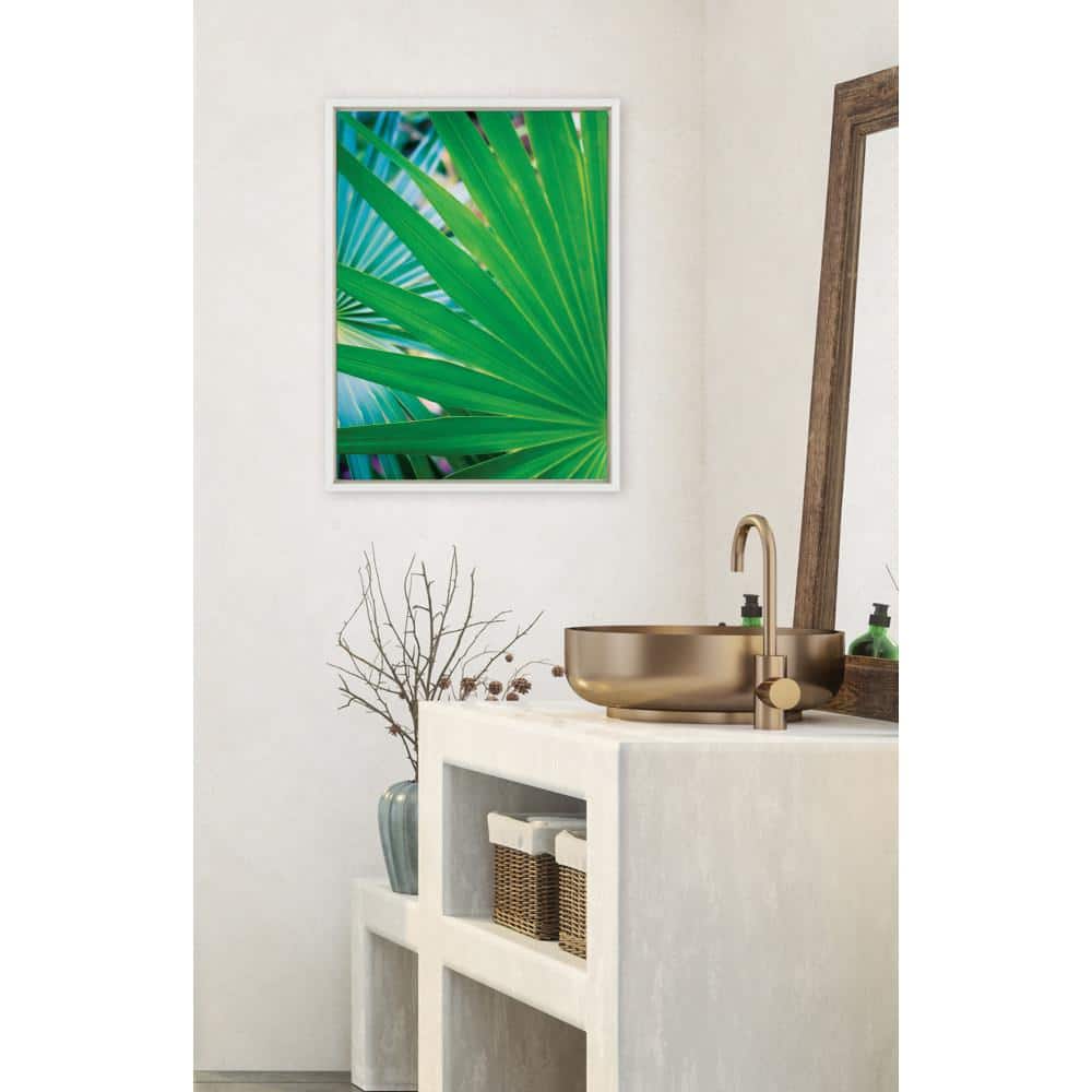 Tropical Palm Frond Green Canvas Wall Art with White Frame