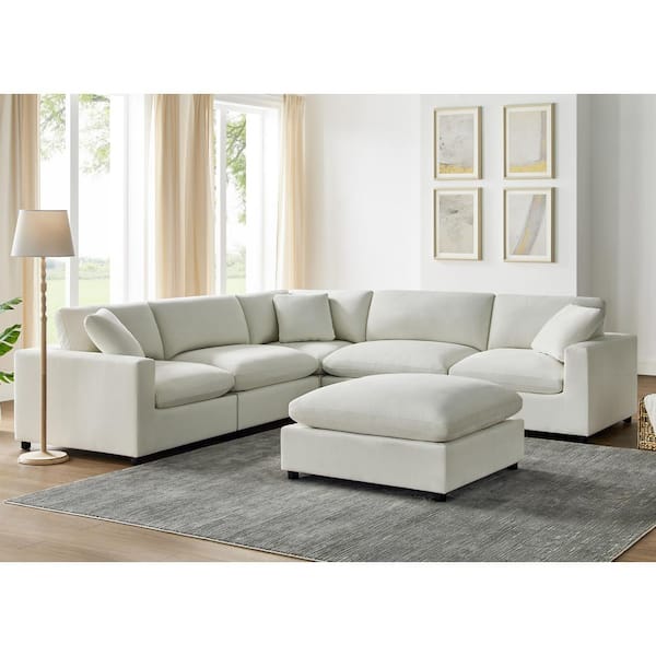 Casella 120 in. Square Arm 6-Piece Polyester Performance Fabric L-shape Sectional Sofa in Ivory