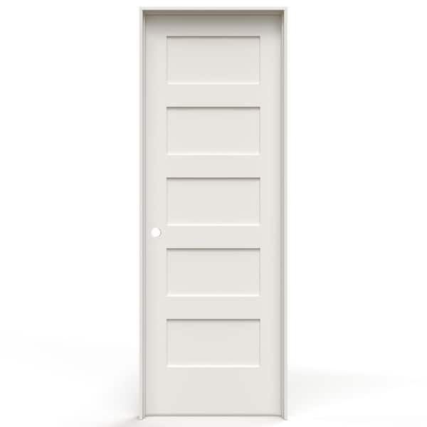 JELD-WEN 28 in. x 80 in. 5-Panel Shaker Right-Hand Primed White Solid Core Wood Single Prehung Interior Door w/ Bore Hole