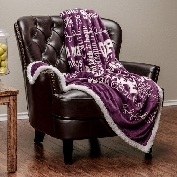 Hope and Faith Aubergine Polyester Reversible Sherpa Polyester Gift Throw Blanket - 60 in. x 70 in.