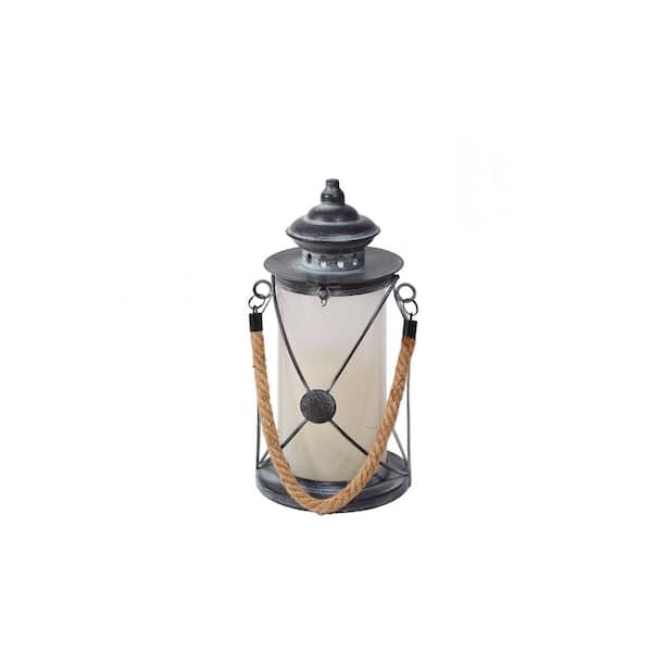 Smart Design Walden 12 in. Distressed Pewter LED Candle Lantern with Dancing Flame
