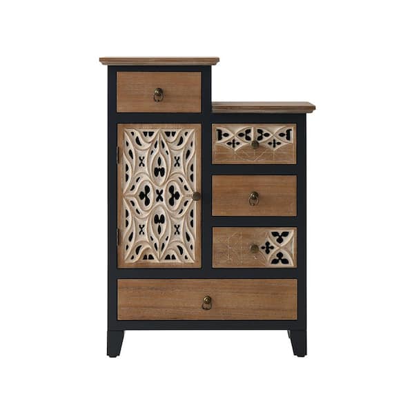 Ahokua Rich Natural Blue 12 in. W Farmhouse Carved Wood Accent Chest Dresser with 1-Door and 5-Drawer