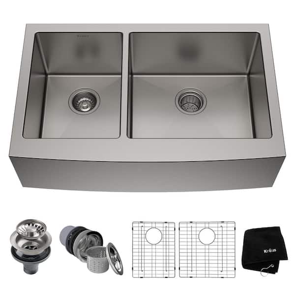 KRAUS Standart PRO Stainless Steel 32.88 in. Double Bowl Farmhouse/Apron-Front Kitchen Sink