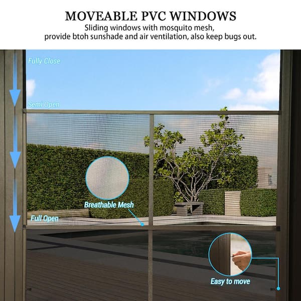 12 ft. x 14 ft. Brown Wall-Mounted Aluminum Frame Sunroom with Galvanized Steel Sloped Roof and Sliding Doors