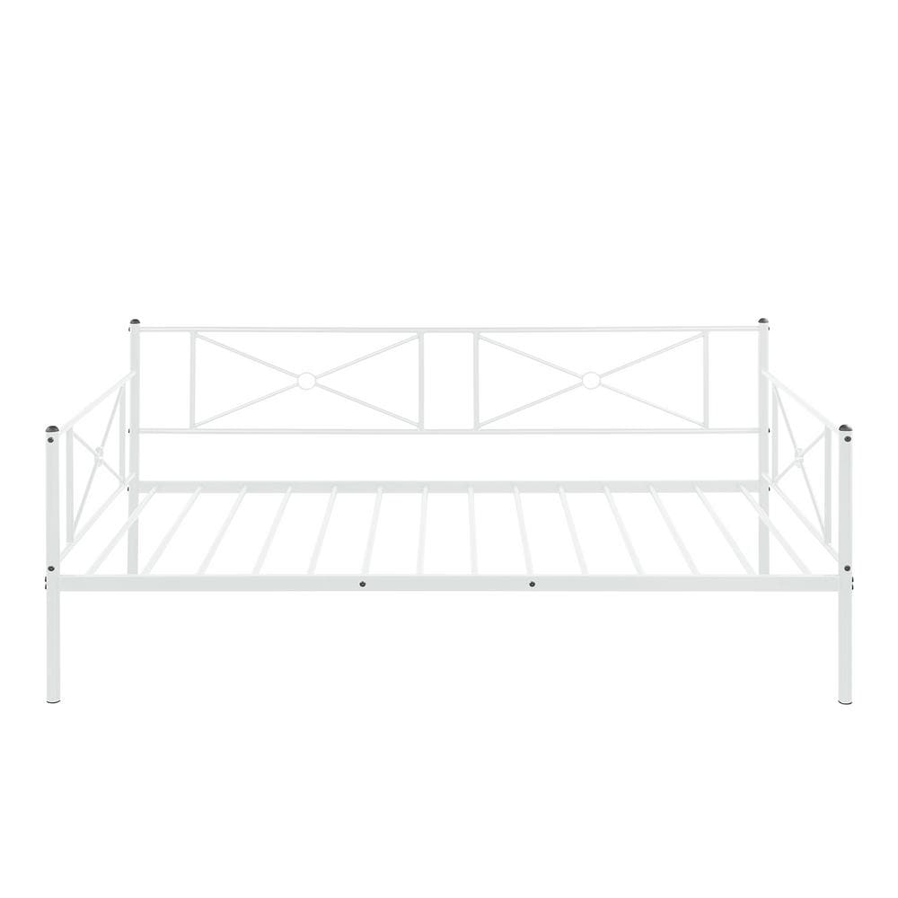 White Stylish Minimalist Twin Sofa Bed with Metal Steel Bar Cross Art Fence