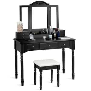 7-Drawer Black Makeup Dressing Table with Tri-Folding Mirror and Cushioned Stool