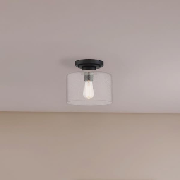 Logan 10 in. 1-Light Matte Black Transitional Entryway Semi-Flush Mount with Clear Seedy Glass Shade