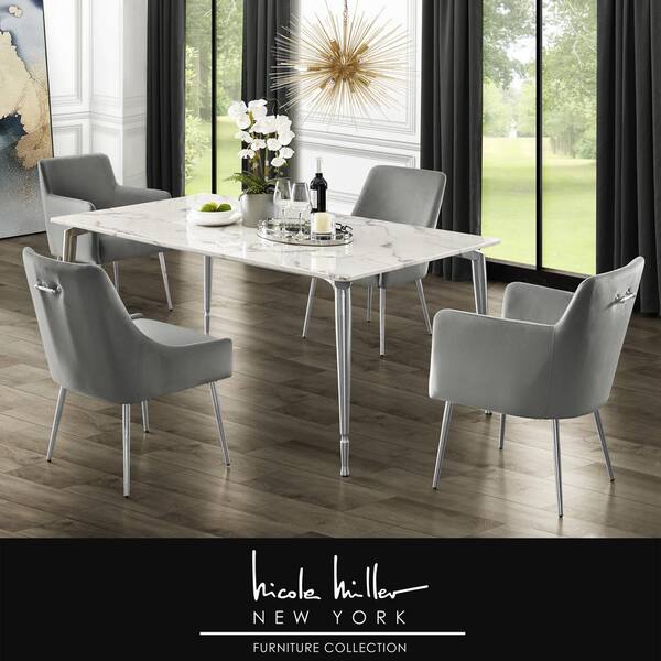 Ira 70 8 In White Marble Dining Table, Nicole Miller Dining Chairs