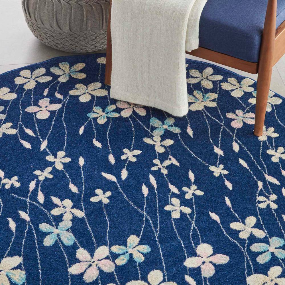 Handmade Navy Floral Viscose Round Area Rug, 63" Diameter