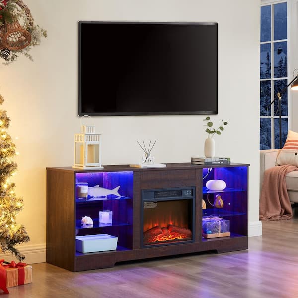 Espresso TV Stand Entertainment Center Fits TVs Up to 62 in. with LED Lights Electric Fireplace and USB Charging