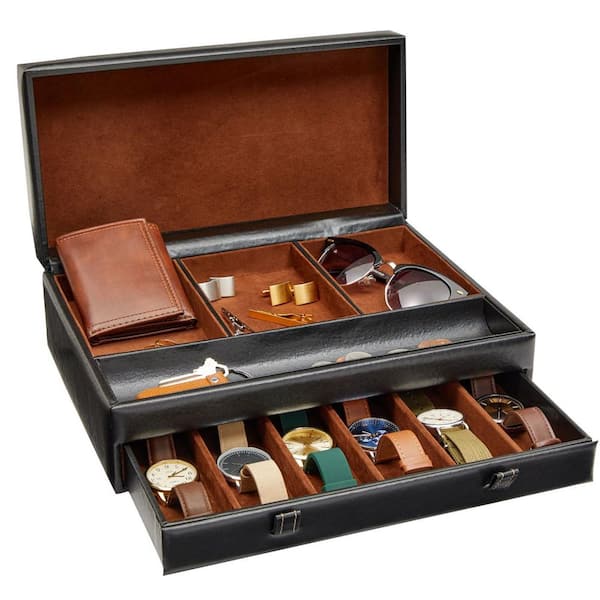 Unbranded Mens Jewelry Box Organizer and Holder-Watch Box with Leather Valet Tray, Black, 12.6 in. x 9 in. x 4 in.