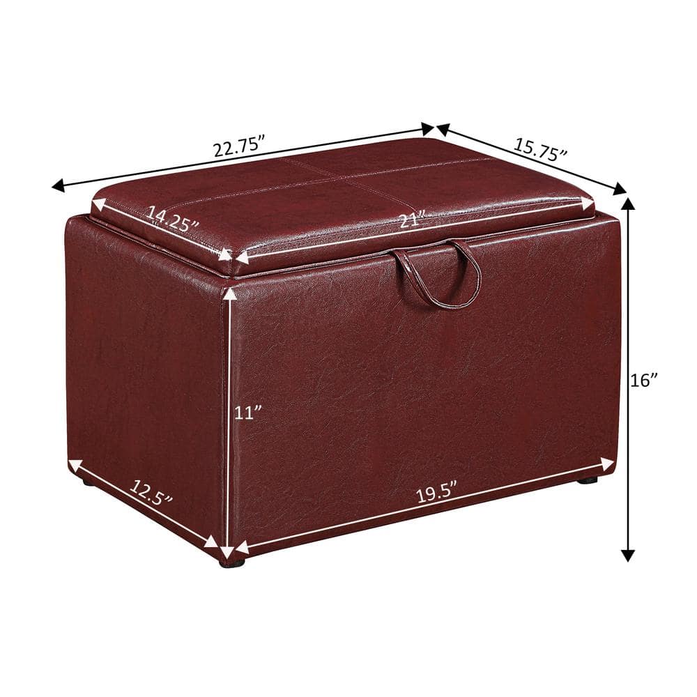 Burgundy Faux Leather 23" Modern Storage Ottoman with Tray