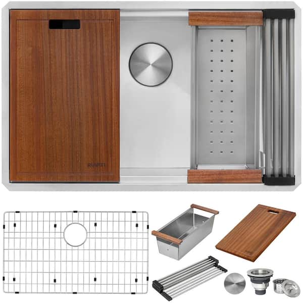 32 in. Single Bowl Undermount 16-Gauge Stainless Steel Ledge Kitchen Sink with Sliding Accessories 32 in. Single Bowl Undermount 16-Gauge Stainless Steel Ledge Kitchen Sink with Sliding Accessories
