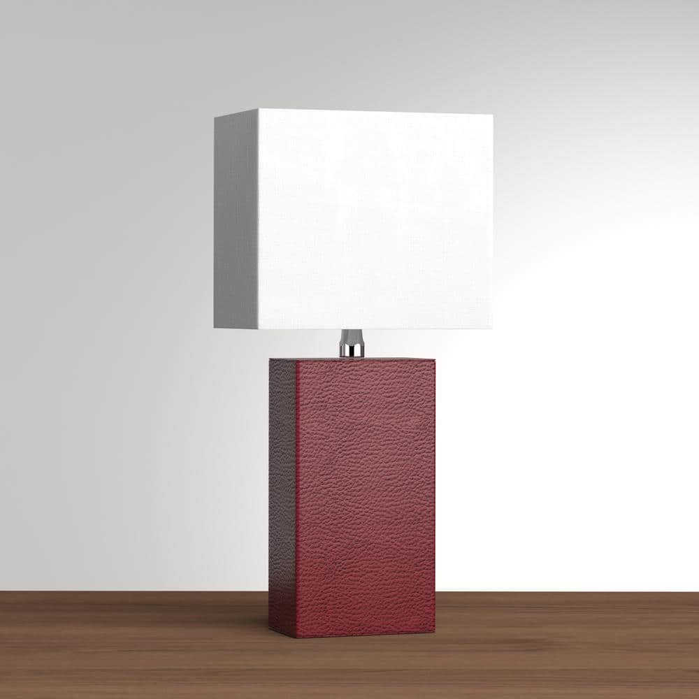 Modern Red Leather Table Lamp with White Fabric Shade