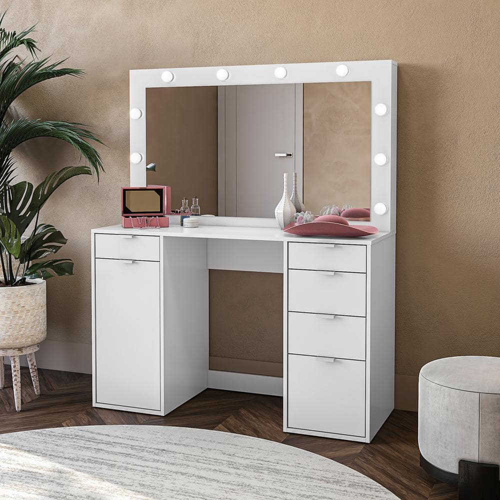 Selena Lighted Makeup Vanity Desk, 10 Adjustable LED lights, 5-Drawer and 1