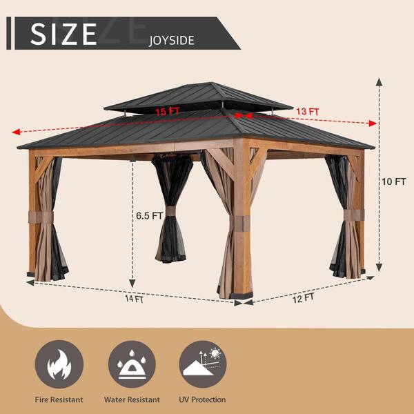 JOYSIDE 15 ft. x 13 ft. Wood Grain Aluminum Double Galvanized Steel Roof  Gazebo with Ceiling Hook, Mosquito Netting and Curtains DRWG-A04-1214 - The Home  Depot