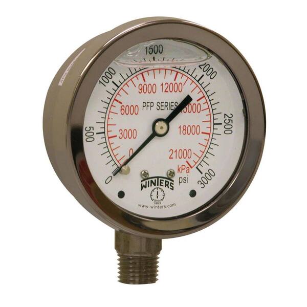 Winters Instruments PFP Series 2.5 in. Stainless Steel Liquid Filled Case Pressure Gauge with 1/4 in. NPT LM and Range of 0-3000 psi/kPa