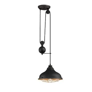 Chaves 1-Light Black-Bronze with Highlights Pulley Pendant Barn Light and Golden Brass Cage Shade